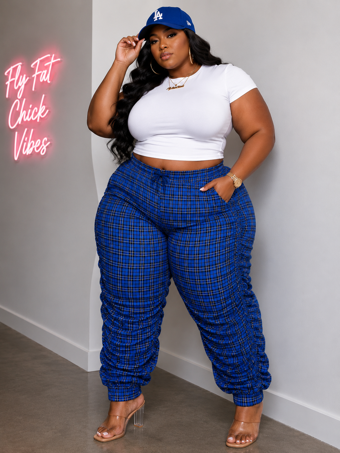 PLUS SIZE "PLAID ON PURPOSE" SCRUNCH PANTS-ROYAL BLUE