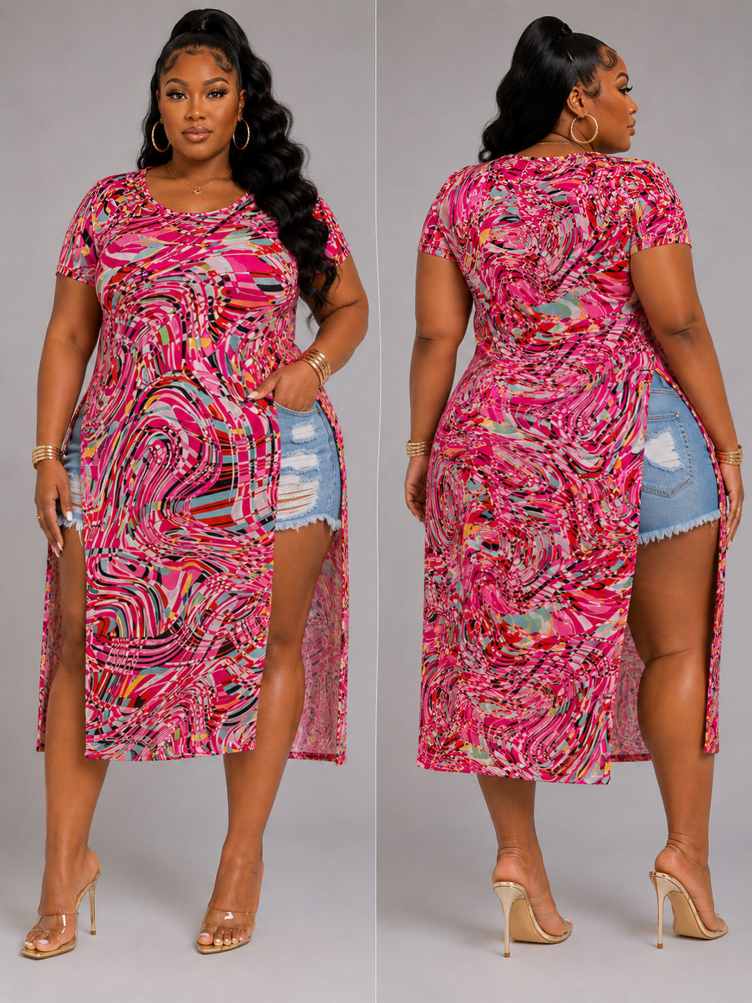 Plus Size Mesh Print Short Sleeve Side Slits Top-FUSCHIA MIX-60