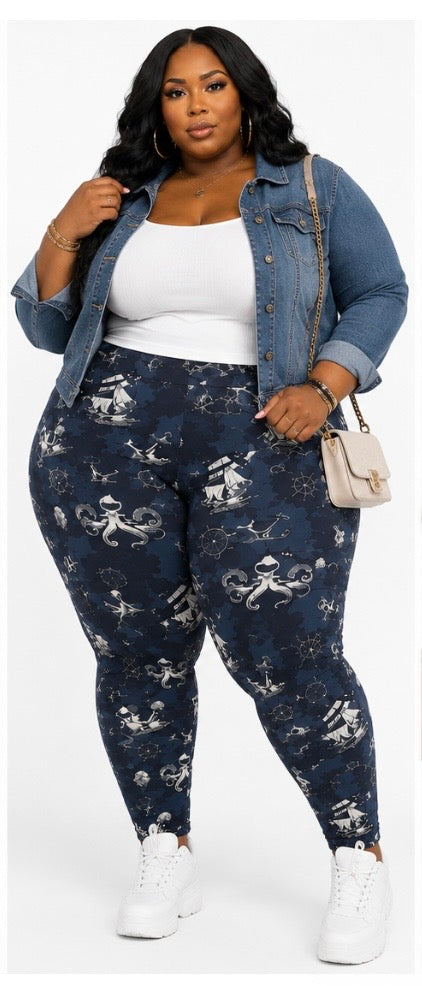 PLUS SIZE PRINTED HIGHWAIST LEGGINGS-NAUTI CURVES
