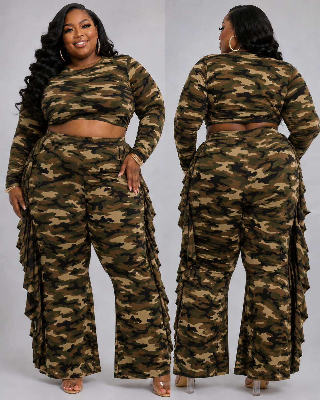 PLUS SIZE "RUFFLE YA' FEATHERS" SET-CAMO-24