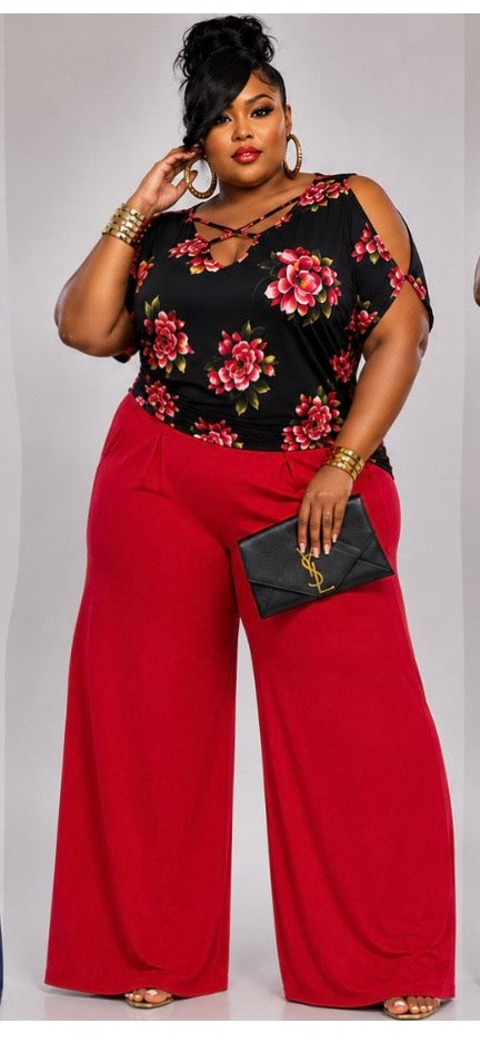 PLUS SIZE Cold Shoulder Dolman Top-RED FLORAL-36
