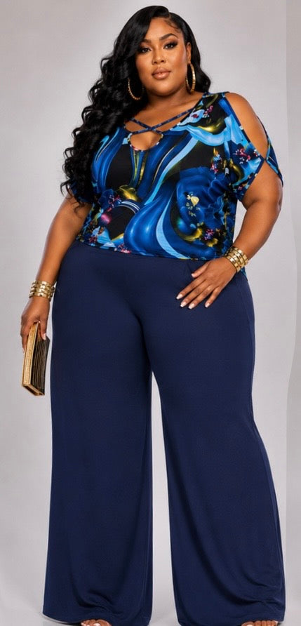 PLUS SIZE Cold Shoulder Dolman Top-BLUE MIX-36