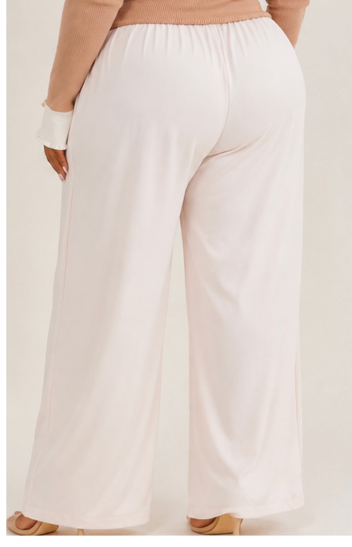 PLUS SIZE CREAM ELASTIC WAIST FRONT POCKETS WIDE LEG PANTS-
