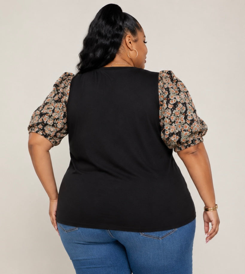 PLUS SIZE BLACK PUFF FLORAL SLEEVE BLOUSE