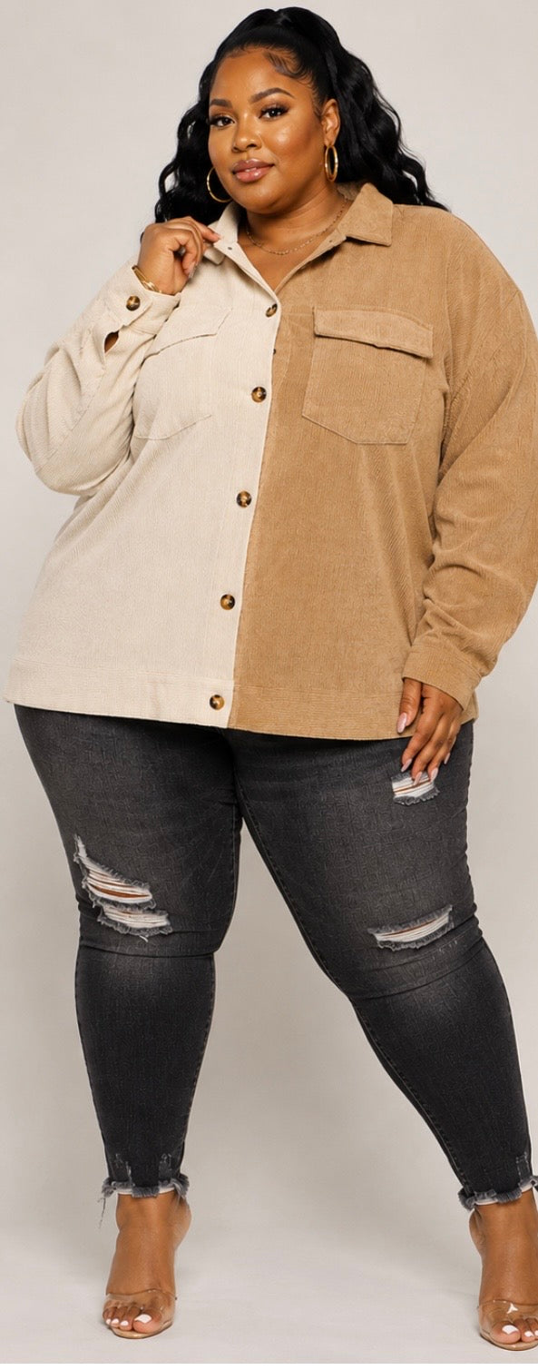 PLUS SIZE LONG SLEEVE BUTTON UP COLORBLOCK CORDUROY SHIRT