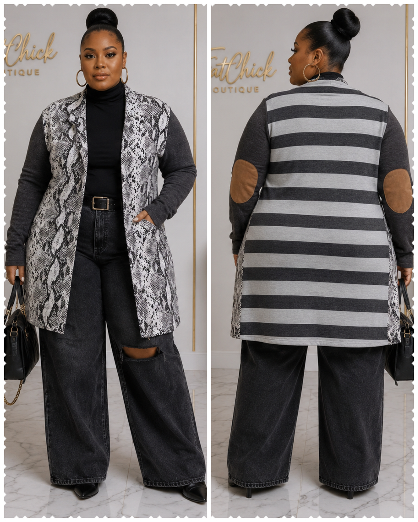 PLUS SIZE LONG SLEEVE OPEN FRONT POCKETS ANIMAL PRINT STRIPES CARDIGAN