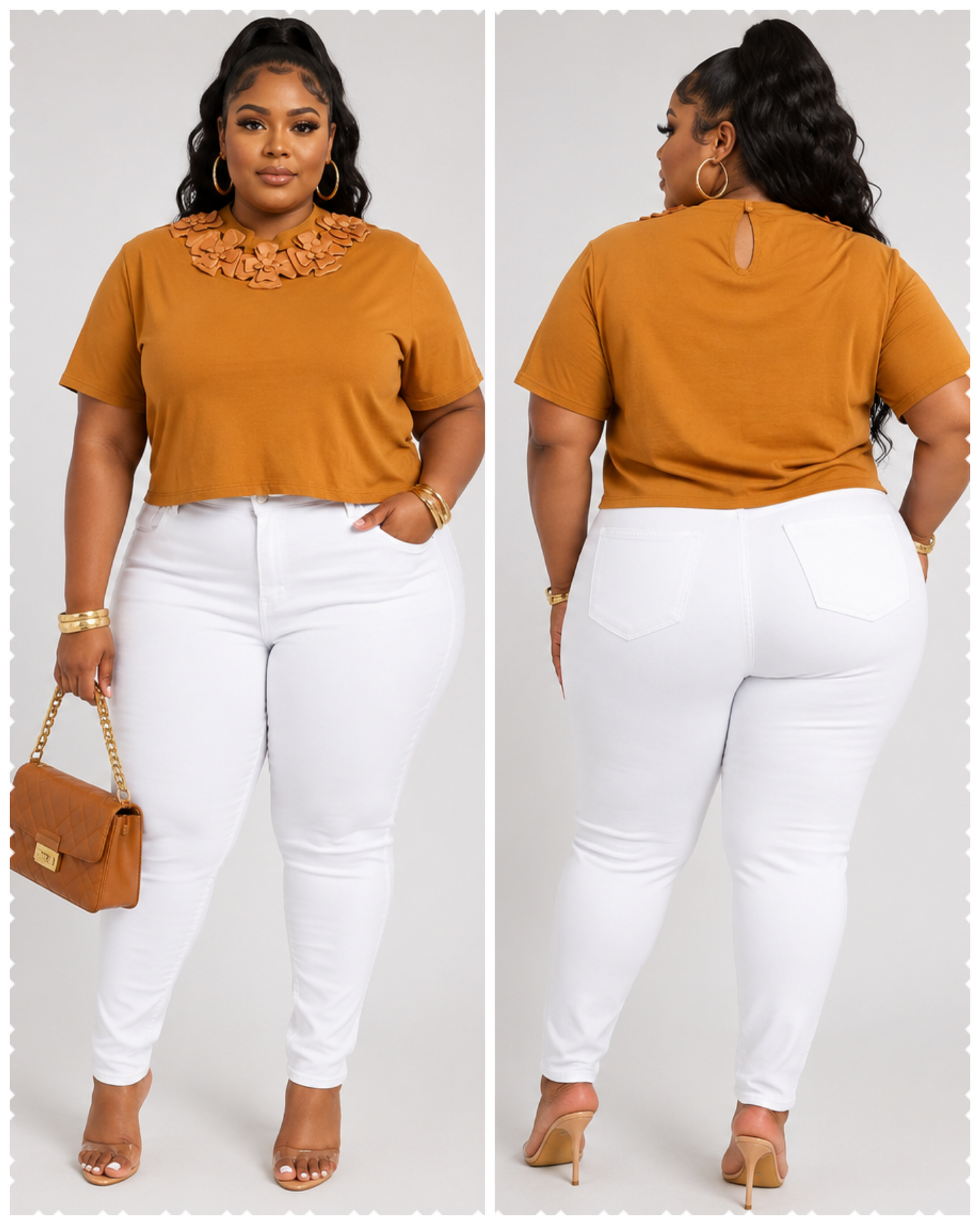 PLUS SIZE SHORT SLEEVE FLOWER NECK DETAILED BLOUSE-CAMEL-53