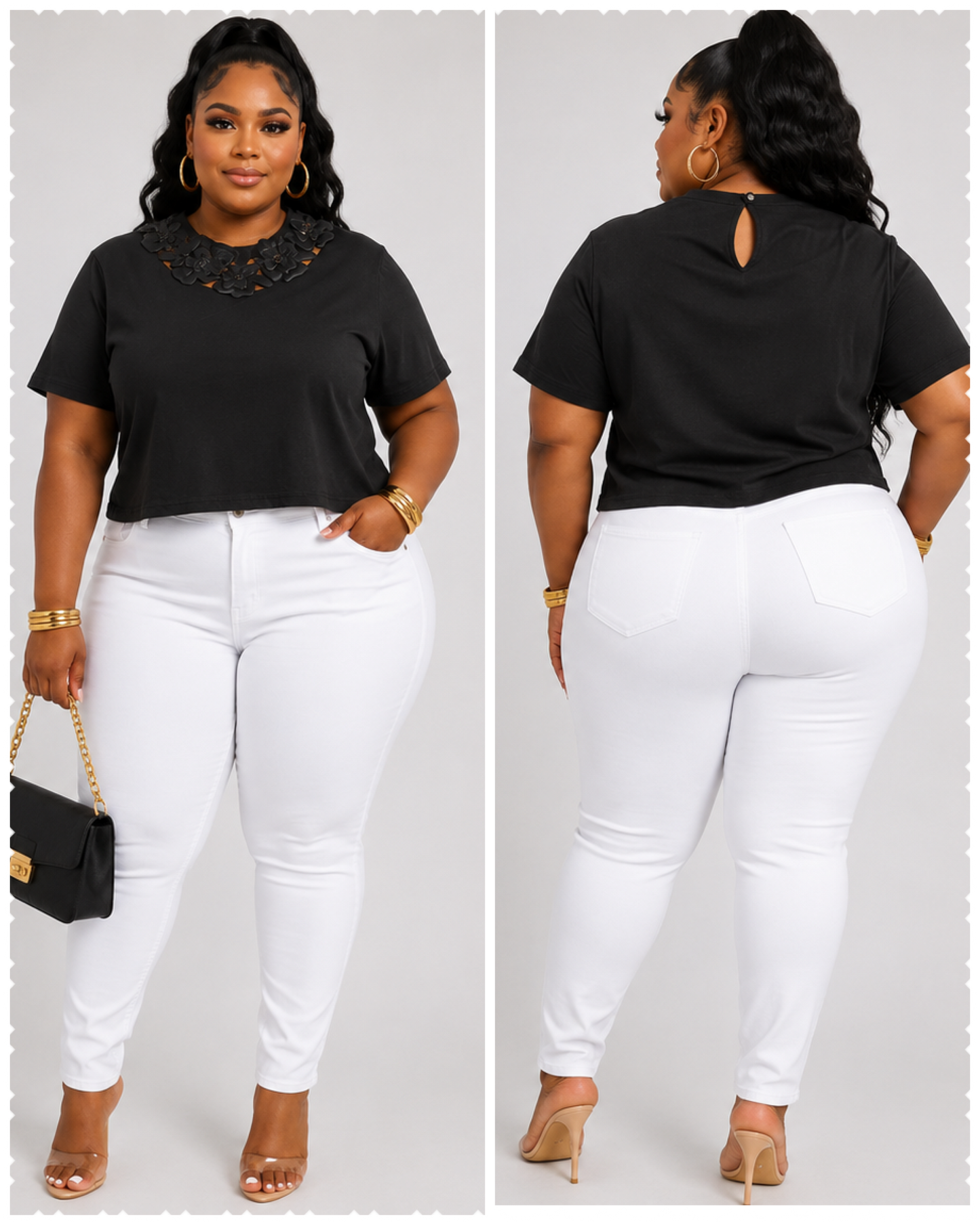 PLUS SIZE SHORT SLEEVE FLOWER NECK DETAILED BLOUSE-BLACK-53