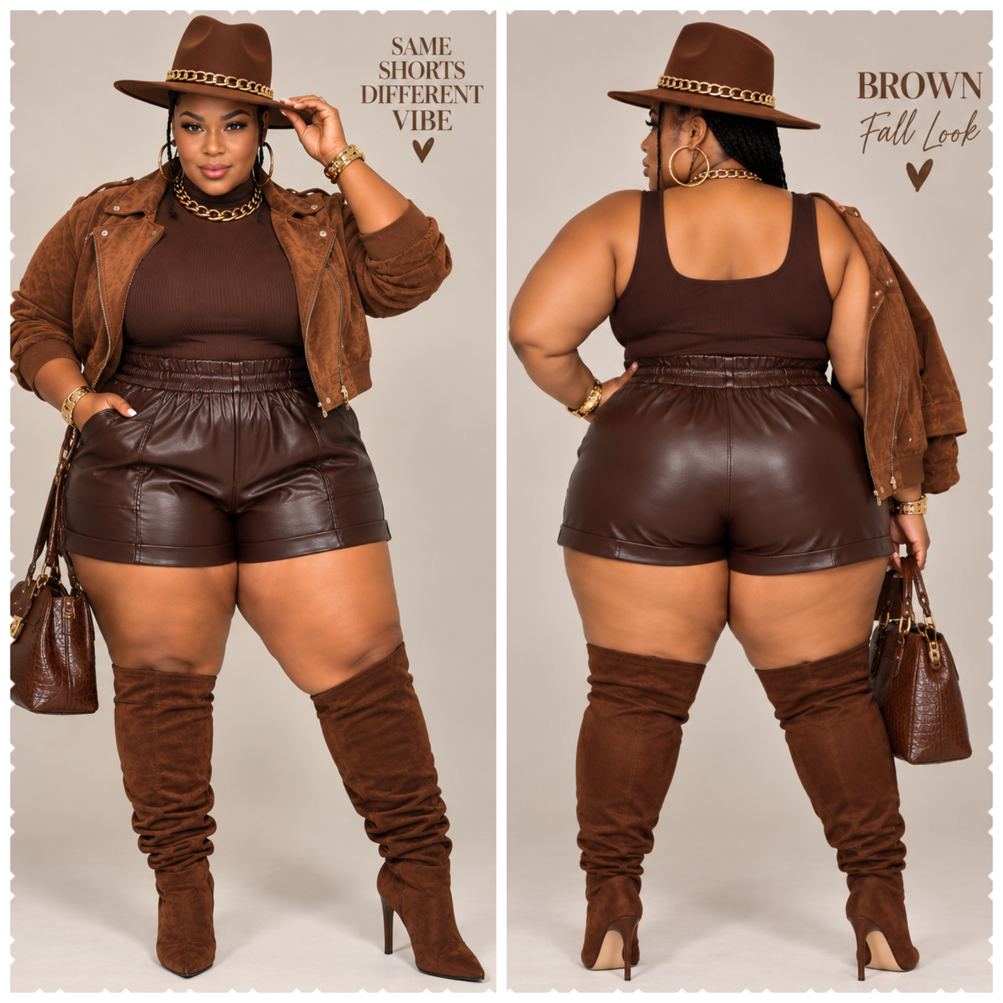 PLUS SIZE FAUX LEATHER SHORTS-BROWN