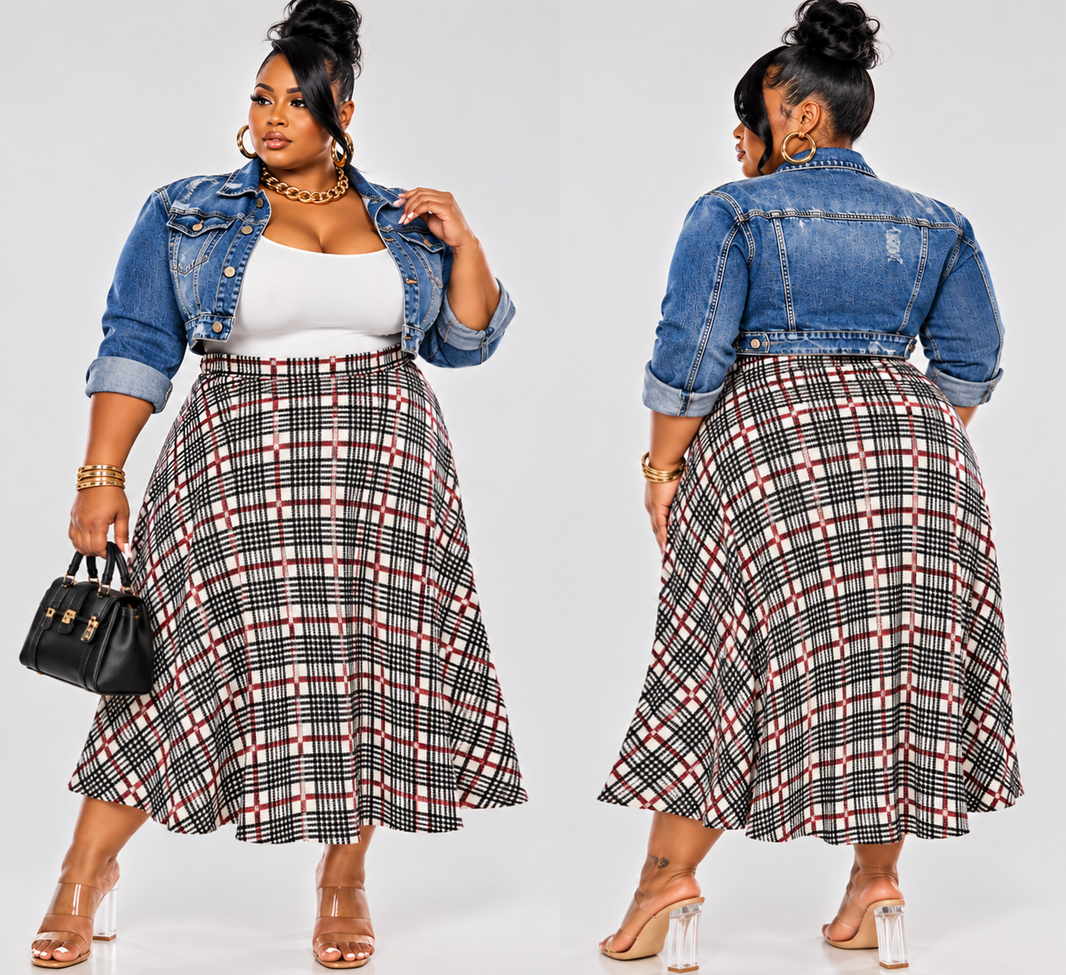 PLUS SIZE "RICH AUNTIE" FLARE SKIRTS-BLACK PLAID MIX