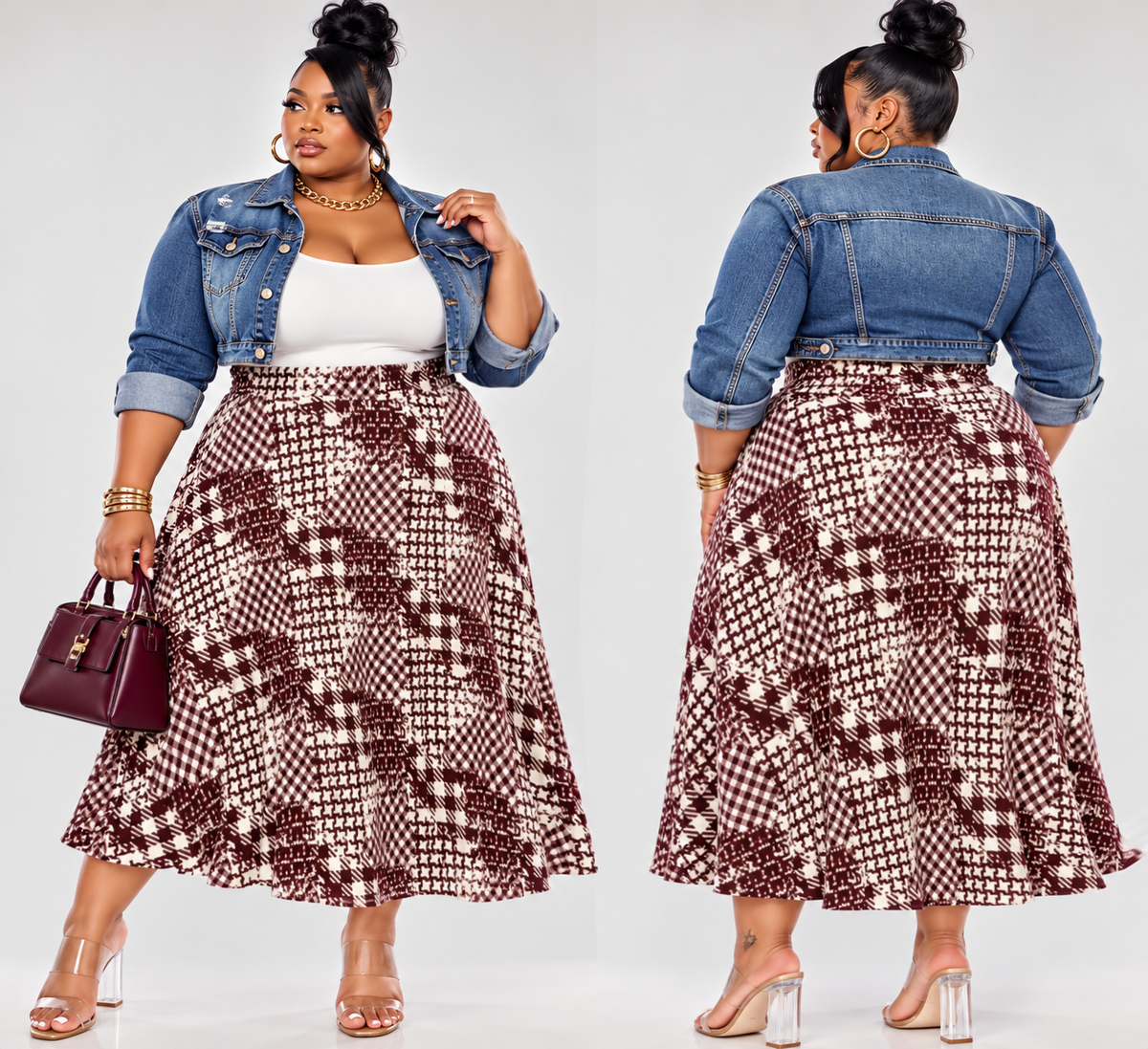 PLUS SIZE "RICH AUNTIE" FLARE SKIRTS-BURGUNDY MIX