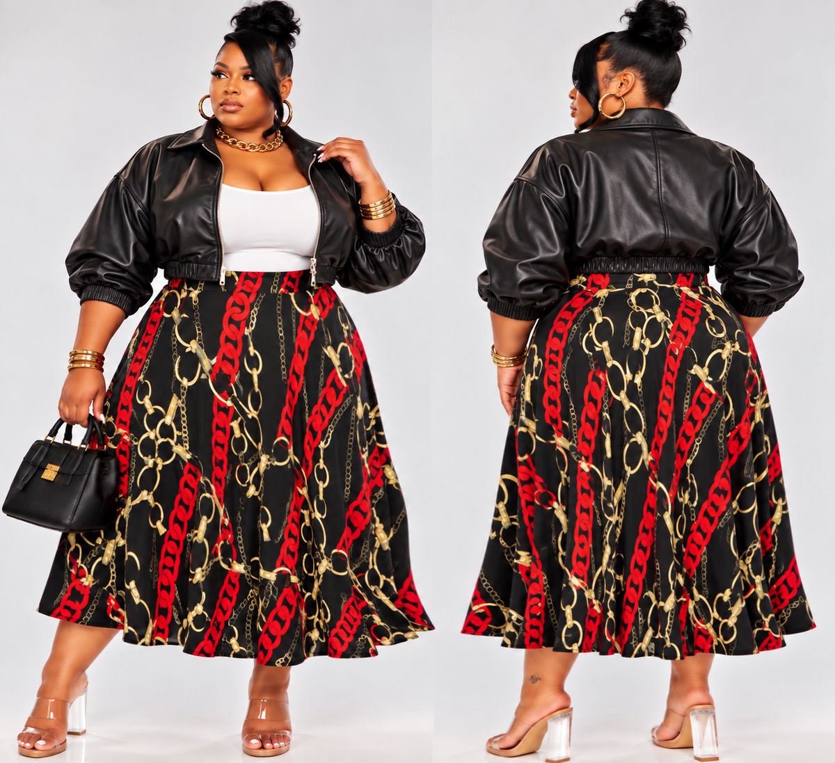 PLUS SIZE "RICH AUNTIE" FLARE SKIRTS-CHAIN LINK