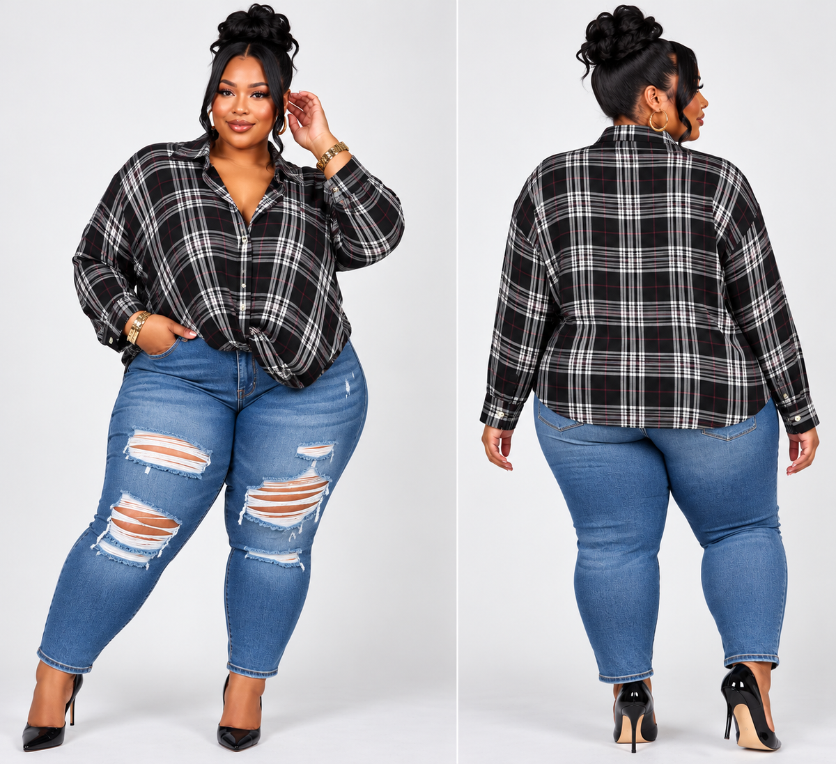 PLUS SIZE Plaid Print Draped Button Down Top-BLACK MIX-50
