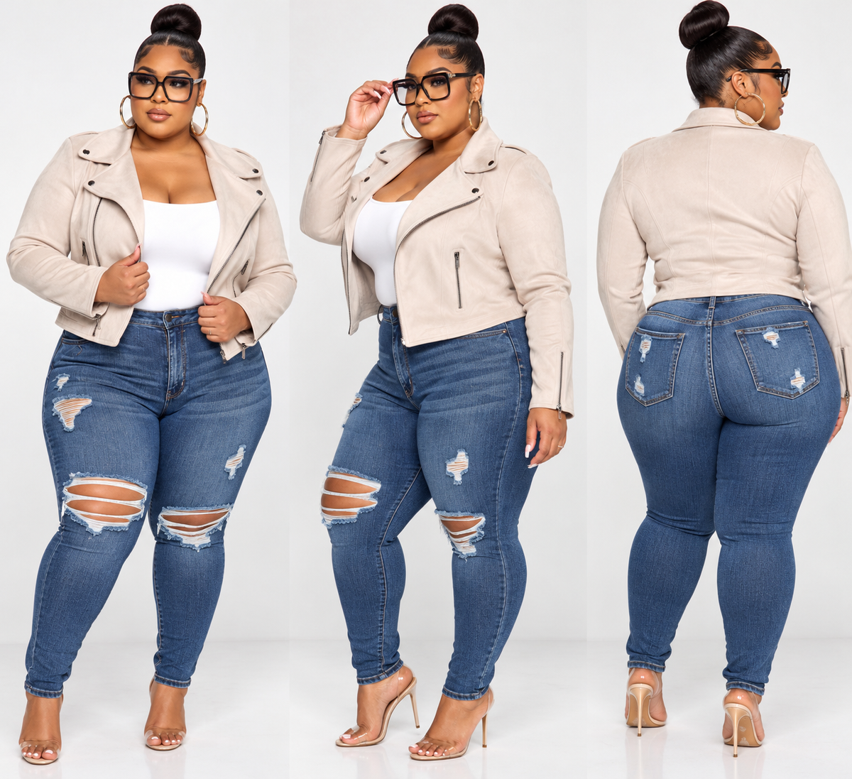 PLUS SIZE "FITTED" FAUX SUEDE JACKET-ZIPPER BEIGE-66