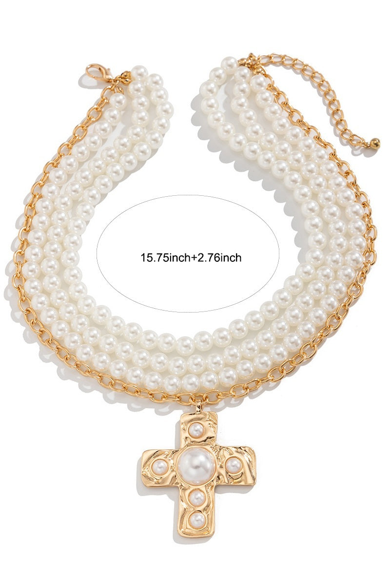 Hammered cross multi wrap pearl necklace