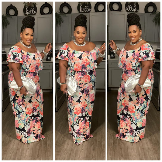 Plus Size Floral Off Shoulder Maxi Dress