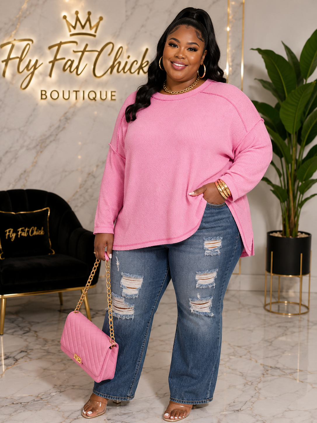 Plus Brushed Ribbed Hacci Hi-low Sweater-CANDY PINK