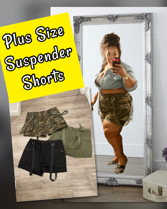 PLUS SIZE HIGH WAIST STRETCHY SHORTS WITH SUSPENDERS