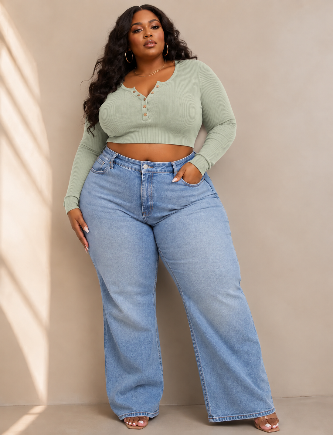 PLUS SIZE LONG SLEEVE RIBBED CROP TOP-SAGE-64