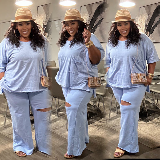 BABY BLUE PLUS SIZE 2-PIECE OVERSIZED "JUST CHILL SET"