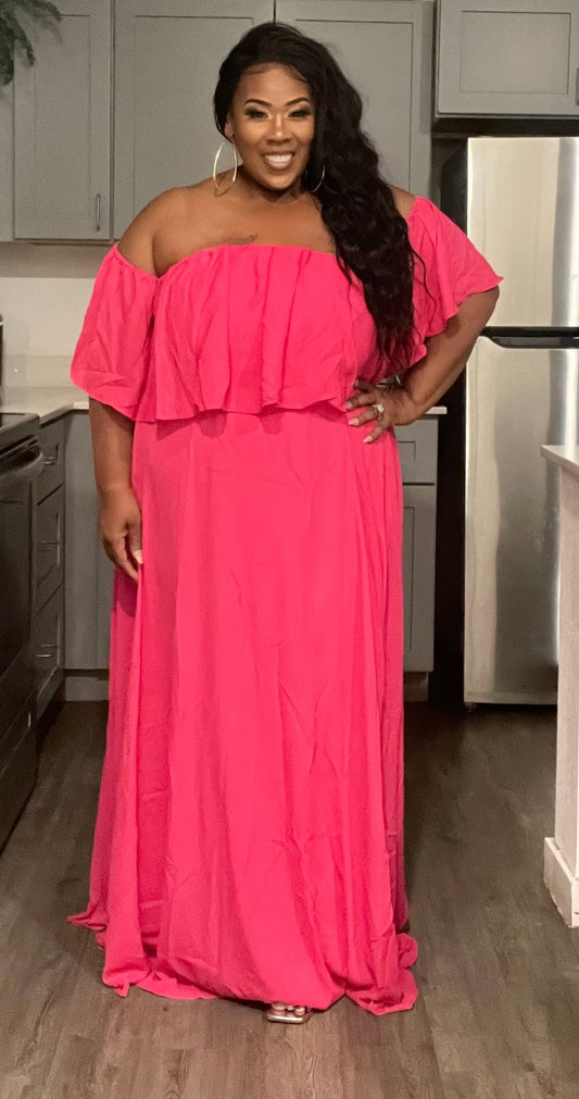 PLUS SIZE RUFFLE OFF SHOULDER ELASTIC WAIST MAXI DRESS-FUSHCIA