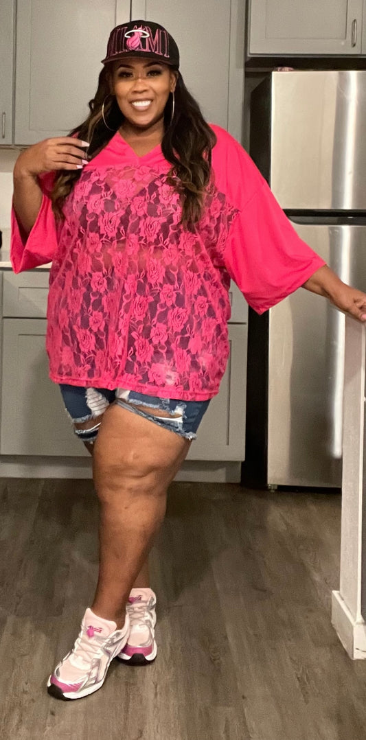 PLUS SIZE LACE JERSEY TOP-HOT PINK