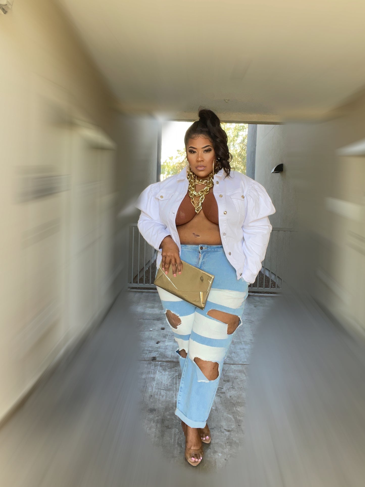 PLUS SIZE PUFF SLEEVE BUTTON DENIM JACKET