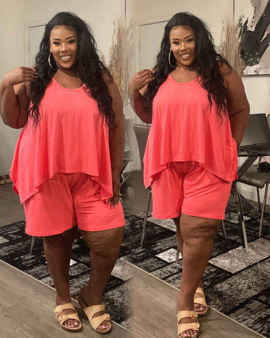 PLUS SIZE SITTIN PRETTY 2-PIECE LOUNGE SHORT SET-NEON CORAL