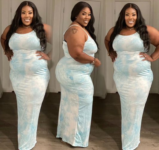 PLUS SIZE BABY BLUE TYE DYE SPAGHETTI STRAP MAXI DRESS