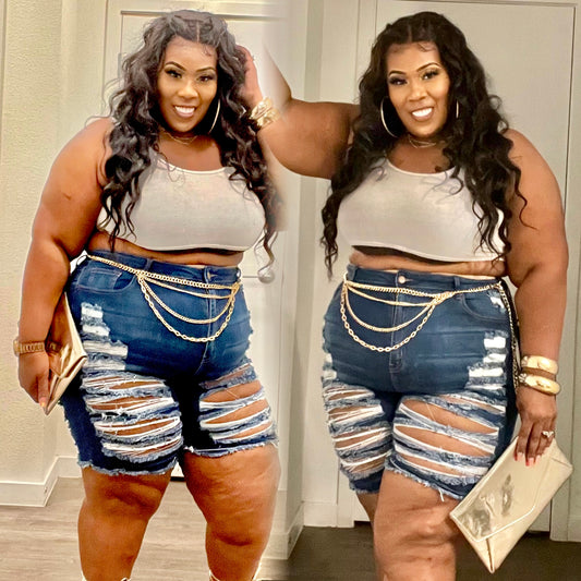 PLUS SIZE DOUBLE SLICED SHORTS-DARK DENIM