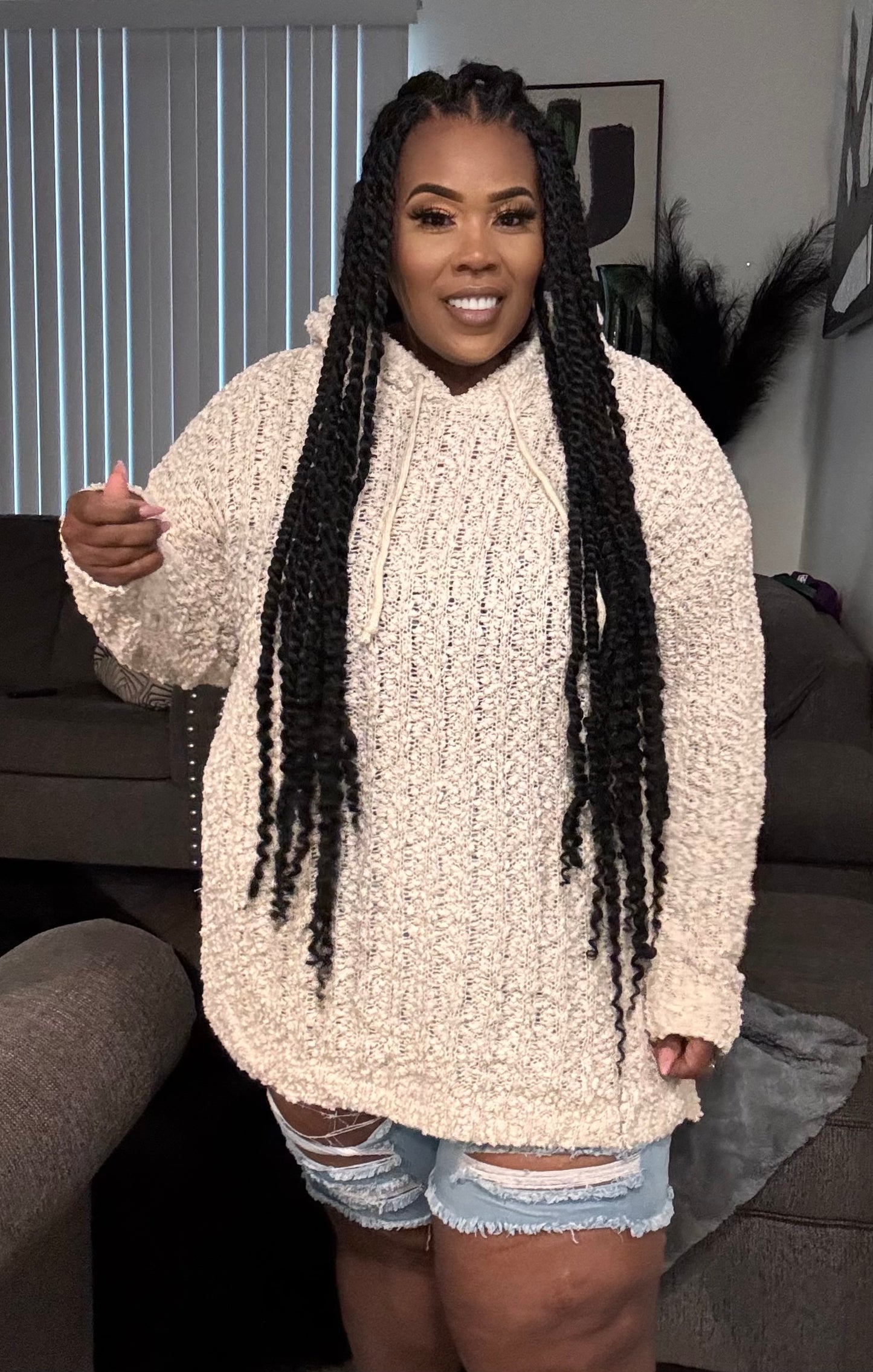 PLUS SIZE POPCORN TUNIC HOODIED SWEATER -CREAM