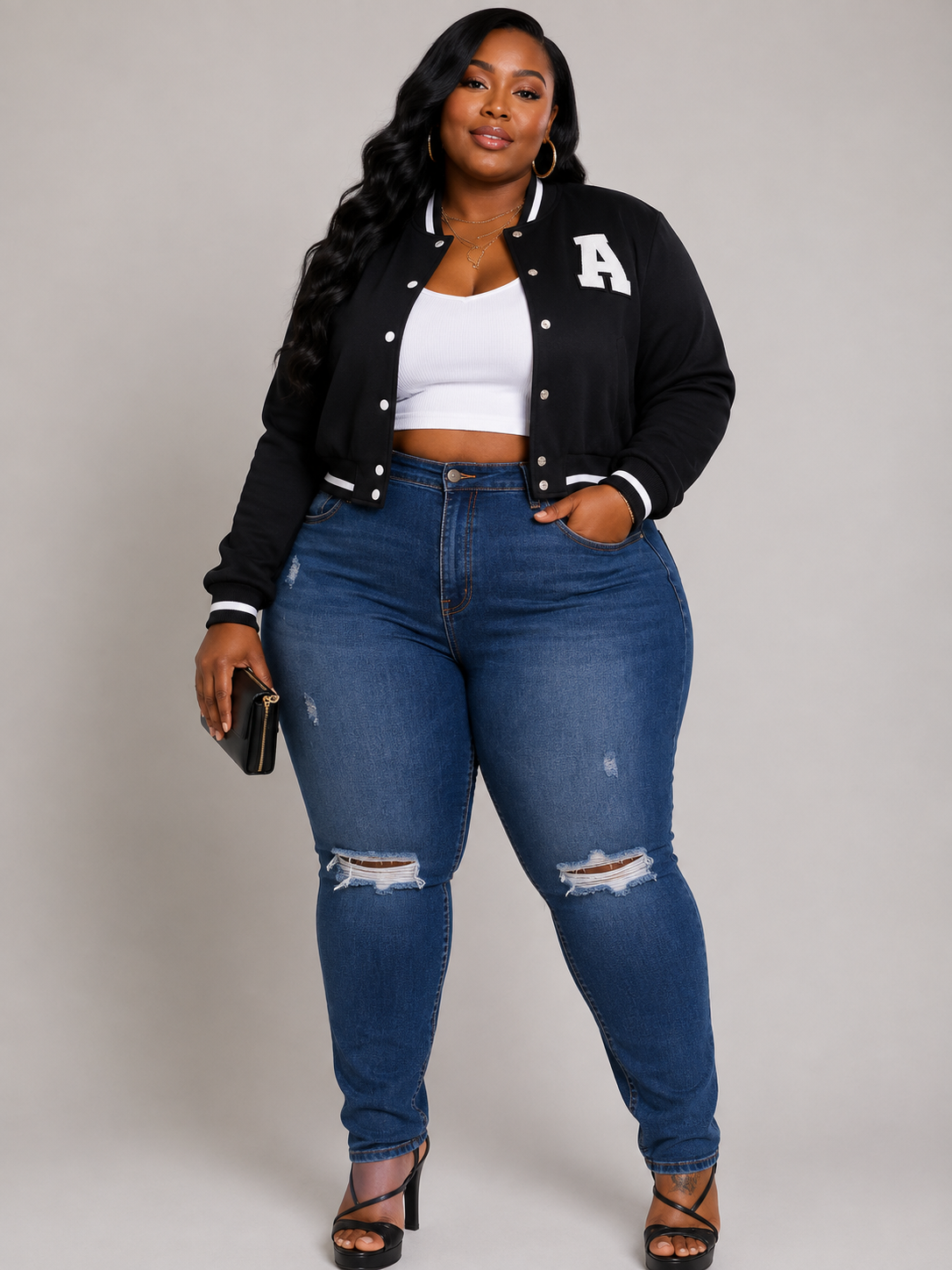 PLUS SIZE "BIG LEAGUE BADDIE" CROP JACKET-BLACK