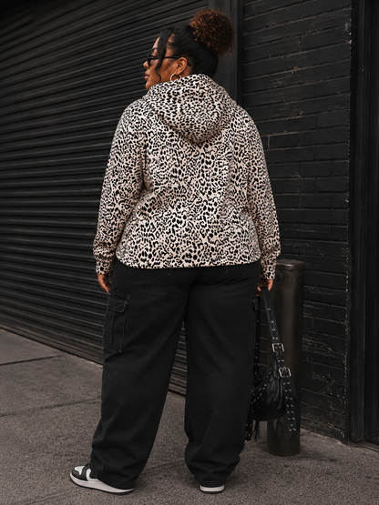 PLUS SIZE ZIPPER CLOSURE FRONT POCKETS ANIMAL PRINT HOODED SWEATER-45