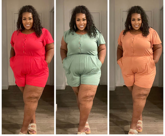 PLUS SIZE BUTTON DOWN SHORT SLEEVE ROMPER