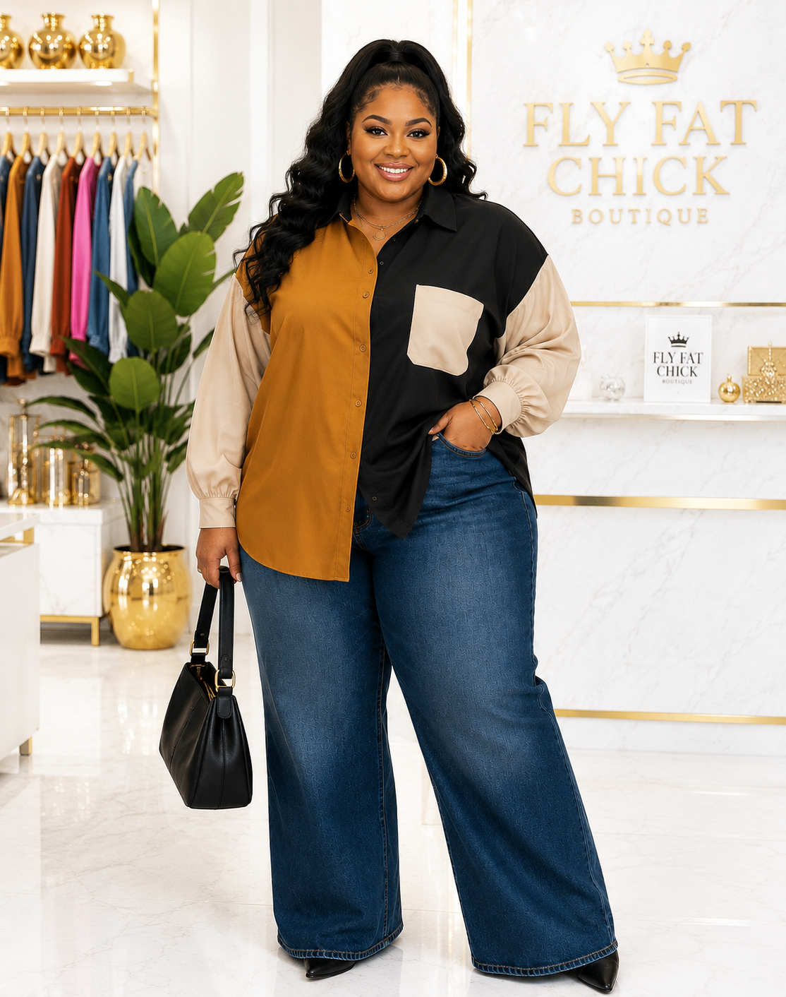 PLUS SIZE LONG SLEEVE BUTTON UP FRONT POCKET COLORBLOCK SHIRT