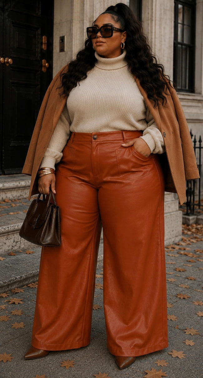 PLUS SIZE FAUX LEATHER WIDE LEG PANTS