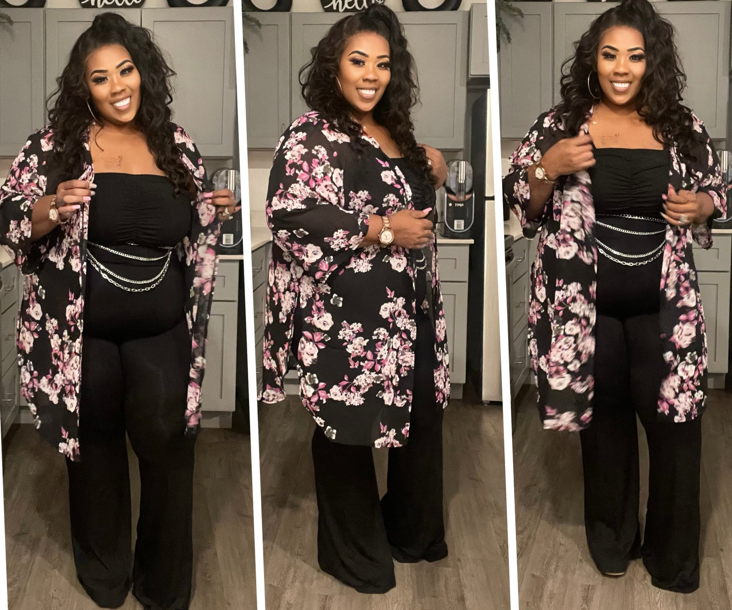 PLUS SIZE FLORAL PRINT SIDE SLIT CARDIGAN-BLACK/MAGENTA