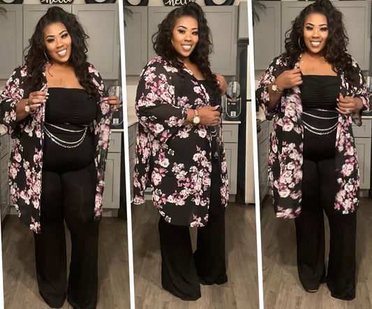 PLUS SIZE FLORAL PRINT SIDE SLIT CARDIGAN-BLACK/MAGENTA