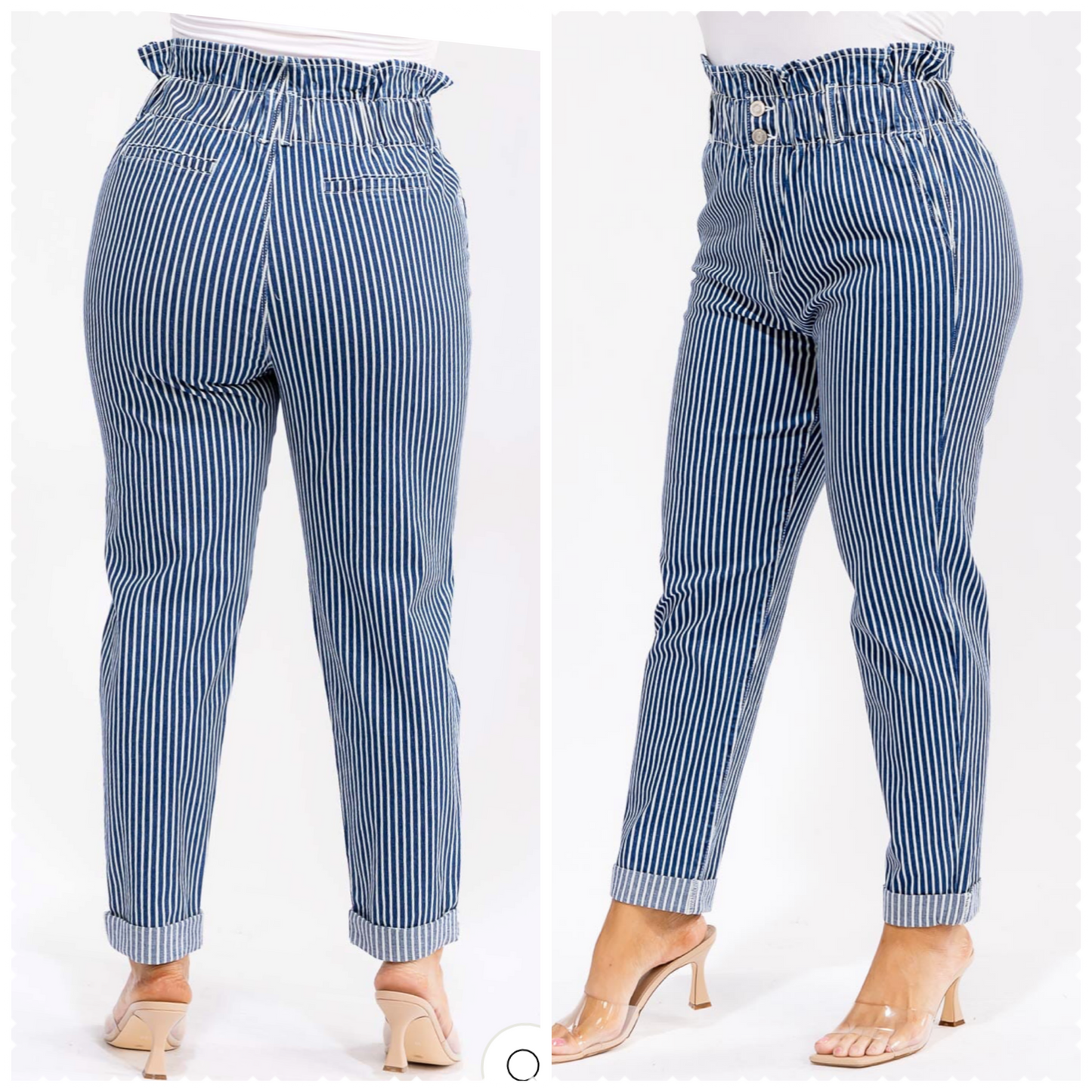 PLUS SIZE STRIPED PAPERBAG DENIM PANTS