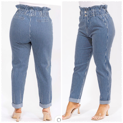 PLUS SIZE STRIPED PAPERBAG DENIM PANTS