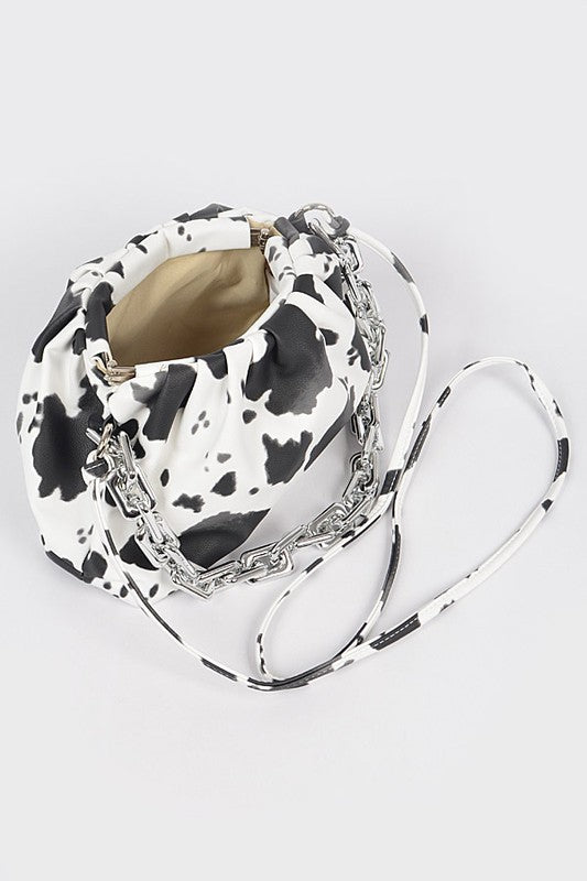 Faux Leather Cow Print Clutch W Link Chain