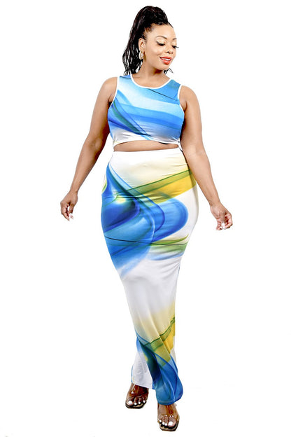 PLUS SIZE BLUE WHITE MIX 2 PIECE SKIRT SET
