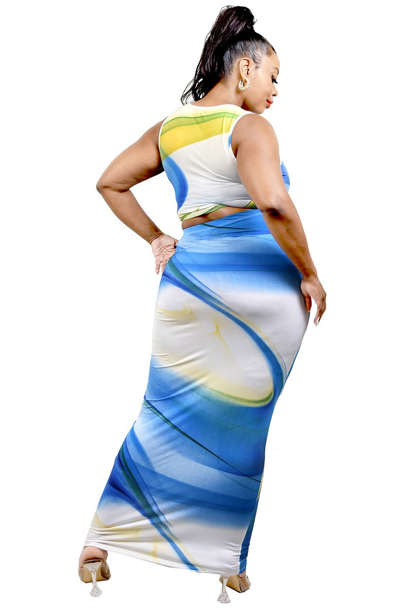 PLUS SIZE BLUE WHITE MIX 2 PIECE SKIRT SET