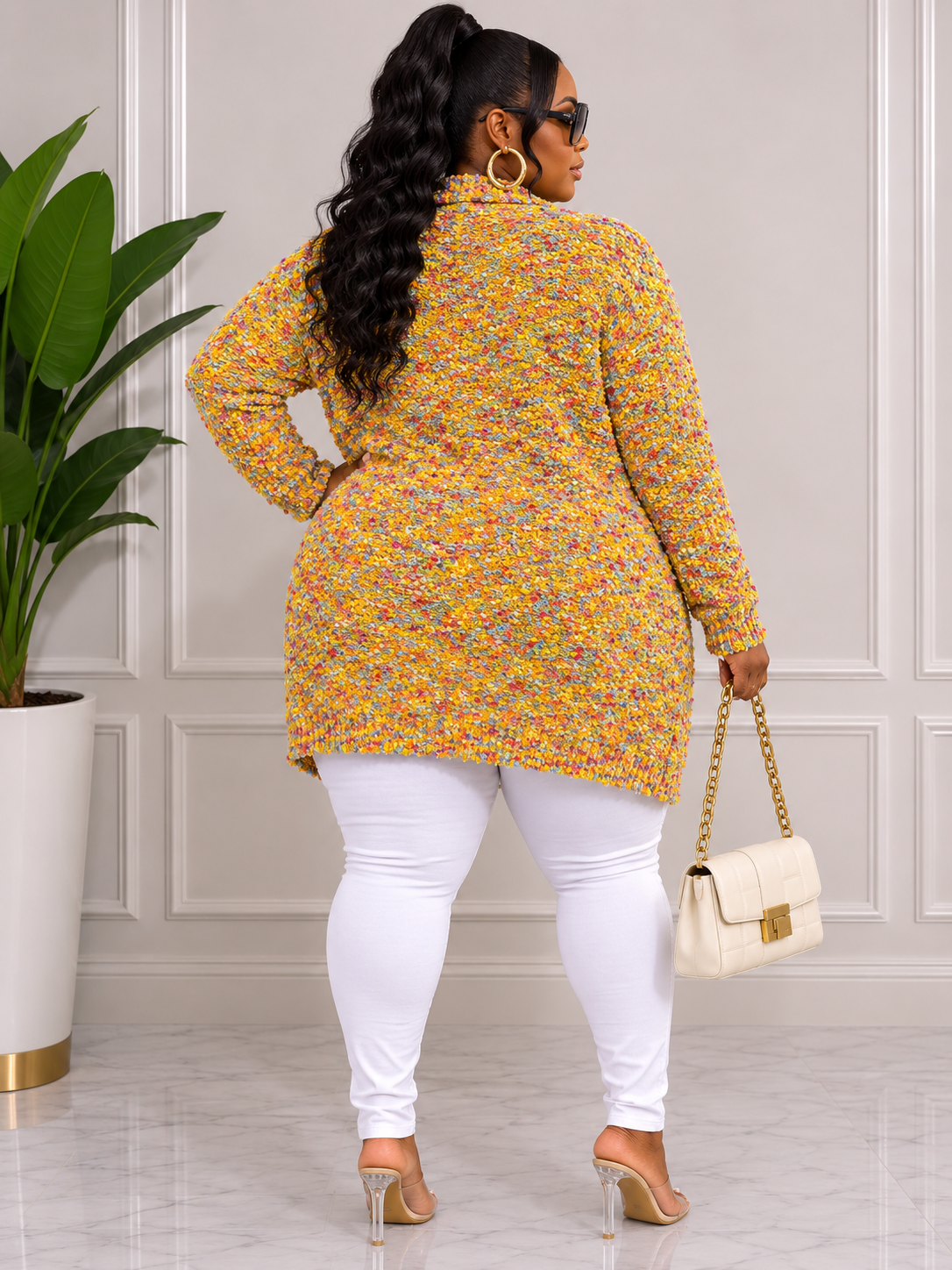PLUS SIZE OPEN FRONT POCKETS MULTI MUSTARD CARDIGAN