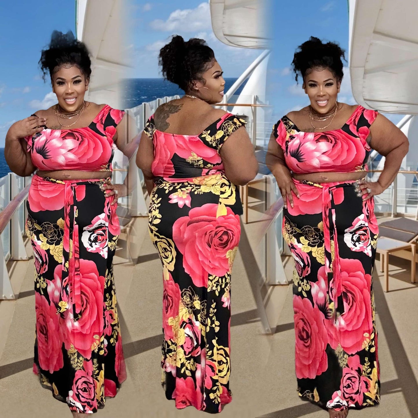 PLUS SIZE RED FLORAL 2-PIECE SKIRT SET