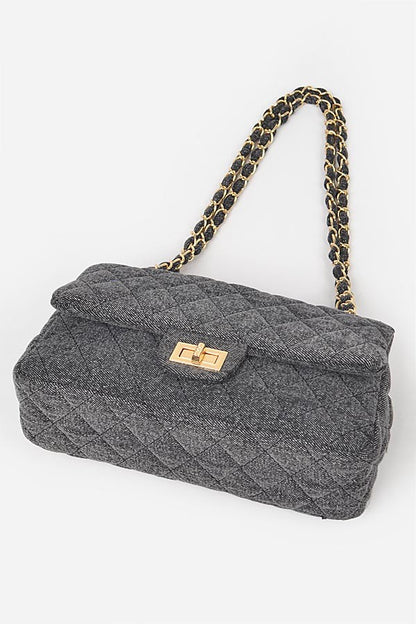 Quilted Denim Shoulder Bag-BLACK