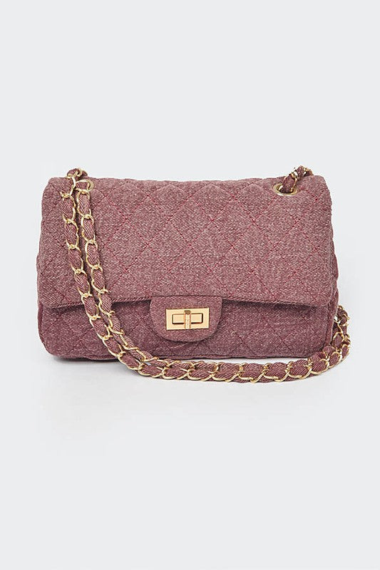 Quilted Denim Shoulder Bag-BURGUNDY