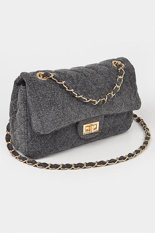 Quilted Denim Shoulder Bag-BLACK