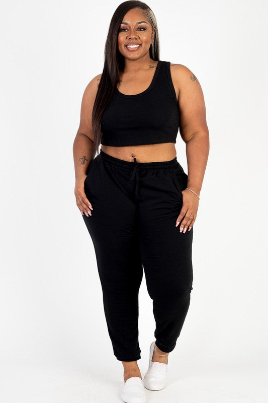 PLUS SIZE French Terry Cropped Tank Top & Joggers SET-BLACK
