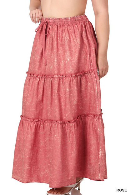VINTAGE WASH TIERED RUFFLE MAXI SKIRT
